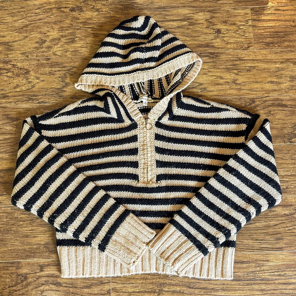 For Love & Lemons Elyse Tan Black Stripe Knit Hooded Sweater Hoodie Extra Small